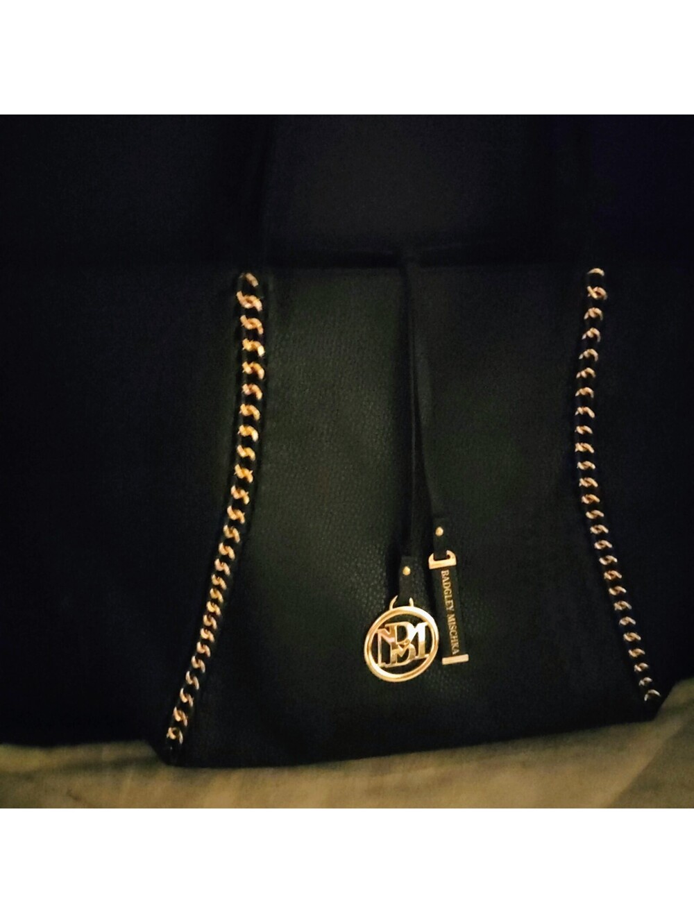 Badgley Mischka Black Tote Bag w/ Big Logo Gold Rope Trimming Vegan Leather